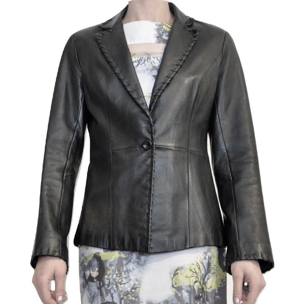 Pre-Owned Cache Single Button Front Genuine Leather Jacket Black 4